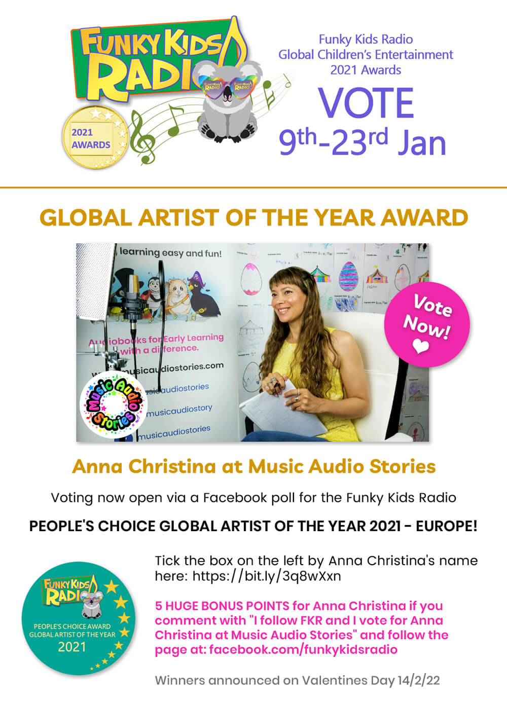 Anna-Christina at Music Audio Stories nominated for the Funky Kids Radio Global Artist of the Year Award