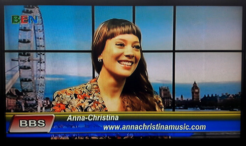 Composer Anna-Christina being interviewed live on BEN TV Breakfast Show